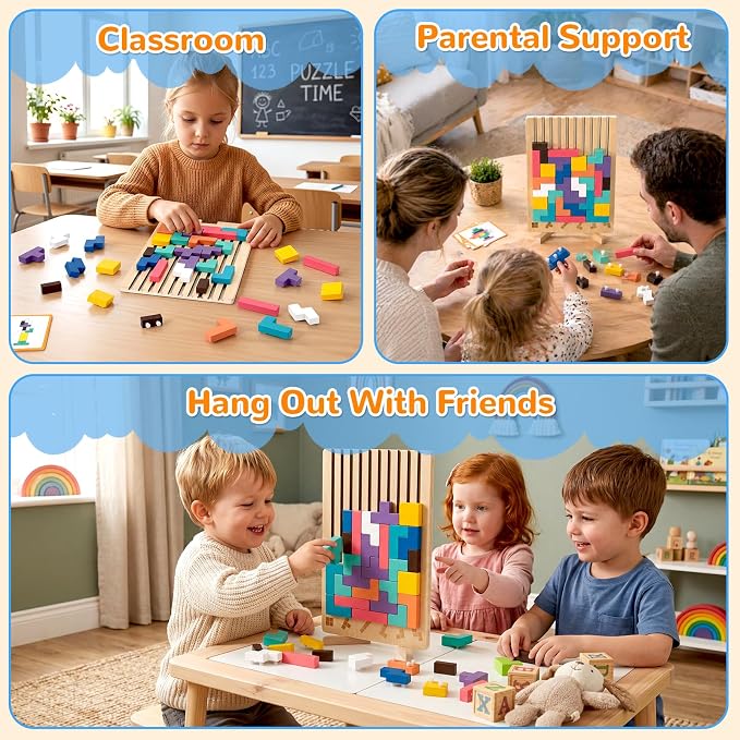 Montessori Wooden Stacking Puzzle Toy, 3D Color Stack Game for Kids Ages 3+ | 42 Solid Wood Blocks Puzzle, Smooth Edges, Logic Development, Brain Teaser, Giant Stacking Challenge Game, Preschool, Family
