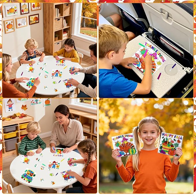 24Pcs Fall Thanksgiving Crafts for Kids Autumn DIY Coloring Puzzle Art Kit | Large Pumpkin Turkey Jigsaw, Friendsgiving Gift Party Favors, Classroom Activity, Art Game Toy, Craft Paper Bulk Supplies