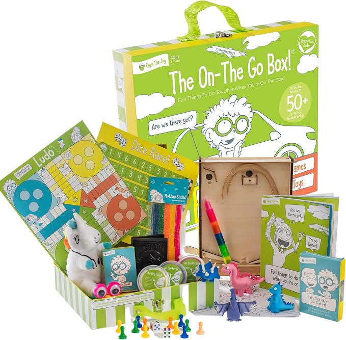 On The Go Box, Road Trip Travel Games Activity Box, Includes Card Games, Craft Kits, and Other 50+ Travel Activities for Kids and Family Ages 4+