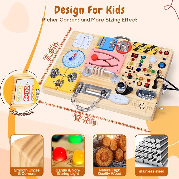 25 in 1 Busy Board with 13 LED Light Switches and 12 Activity, Montessori Toys for 1 2 3 Years Old, Wooden Sensory Board, Toddlers Travel Toys for 1+ Year Old Boy & Girl Birthday Gift(Extra-Large)