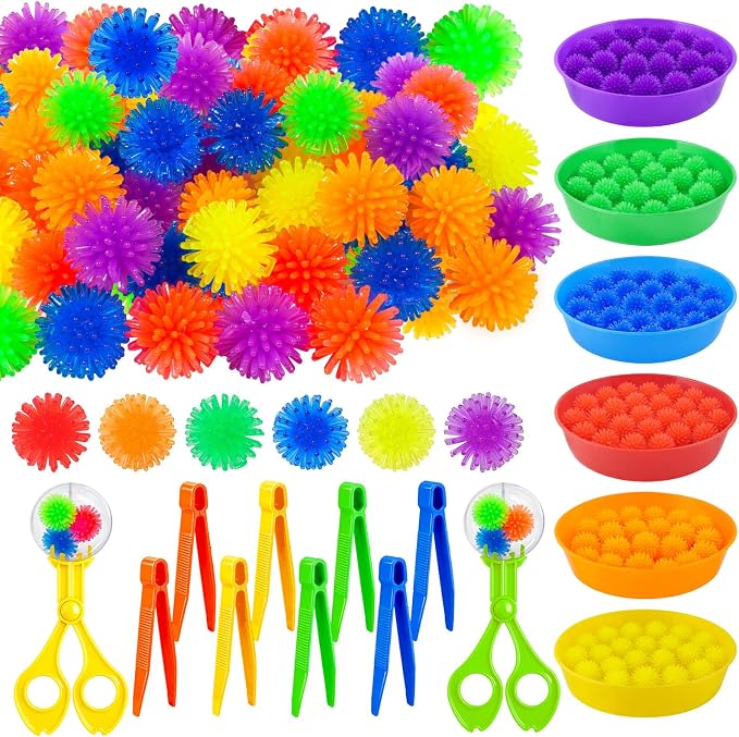 Bbiamsleep 136 Pcs Sensory Bin Filler Fine Motor Skills Sensory Bin Items | Light Box Manipulatives Include Colorful Hedge Balls Tweezers Scissors Clips Sorting Bowls for Counting Sorting Training