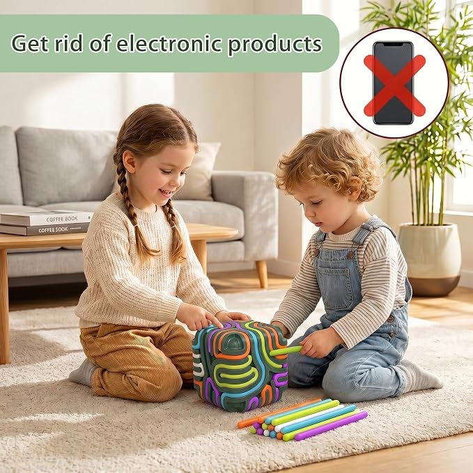 Sensory Activity Board Cube Fidget Toys for Kids & Adults - Zero Noise Silicone Quiet Toddler Travel Toys for Car Rides & Airplane - Autism ADHD Calming Toy Gift Stuffers with 15 Strings
