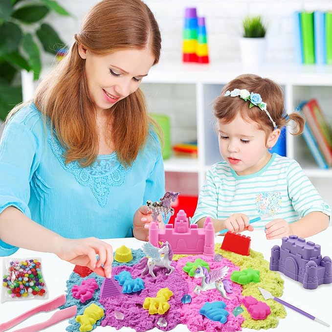 Unicorn Sensory Bin Sand Kit - 155 Pcs with 2.2lbs Sand, 9 Castle & 8 Unicorn Molds, 12 Tools, Tactile Sensory Fillers for Girls Age 4-9 Gifts