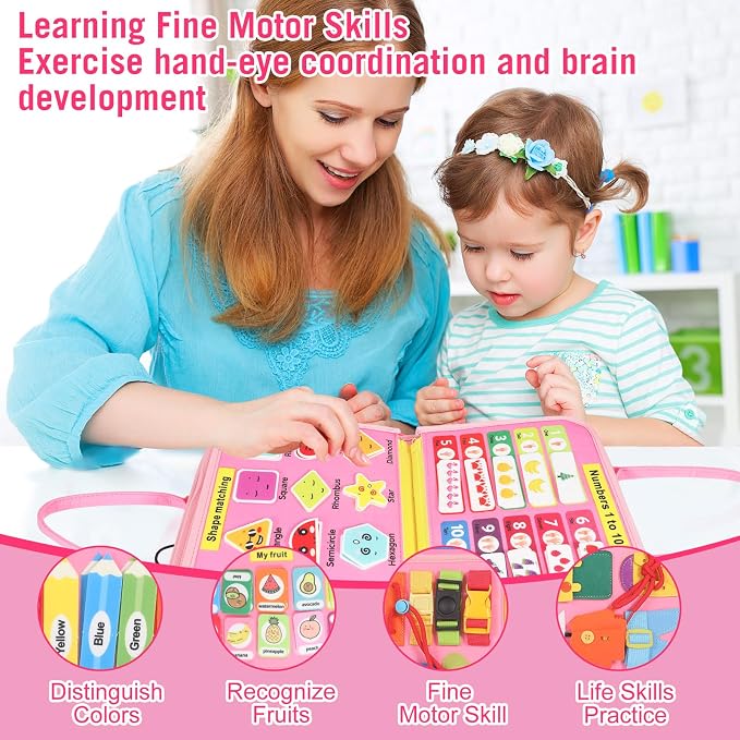 URBAN TOYS Toddler Busy Board for Kids Ages 3+, Montessori Busy Book, Sensory Learning Toy for Fine Motor Skills, Toddler Travel Essential for Airplane & Car, Gift for Boys & Girls