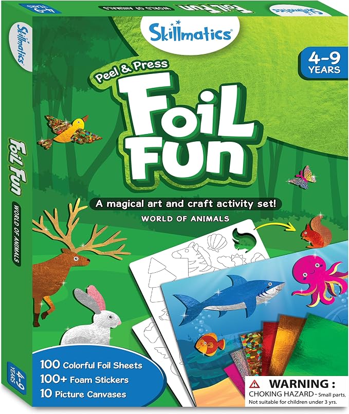 Skillmatics Foil Fun Animals, Foil Art & Craft Kit, Gift for Boys & Girls | Travel Toys, Sticker Activity Kit, Fine Motor Skills, DIY Mess-Free Art, Screen-Free, Gifts for Kids Ages 4, 5, 6, 7, 8, 9