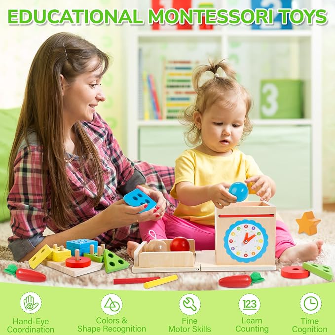 Wooden Montessori Toys for 1+ Year Old, 8-in-1 Toddler Learning Toy Set | Object Permanence Box, Ball Drop Coin Box, Carrot Harvest, Shape Sorting Toys, Gift for Baby Boys Girls Age 12+ Months