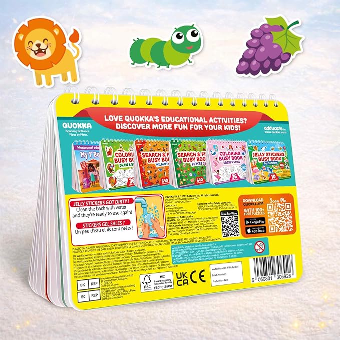 Jelly Sticker Books for Toddlers 3-5 - 61 Reusable Stickers Busy Book | 10 Preschool Topics - Waterproof Washable Toddler Activity Book - Learning Toys for Shapes, Colors, Matching, Animals