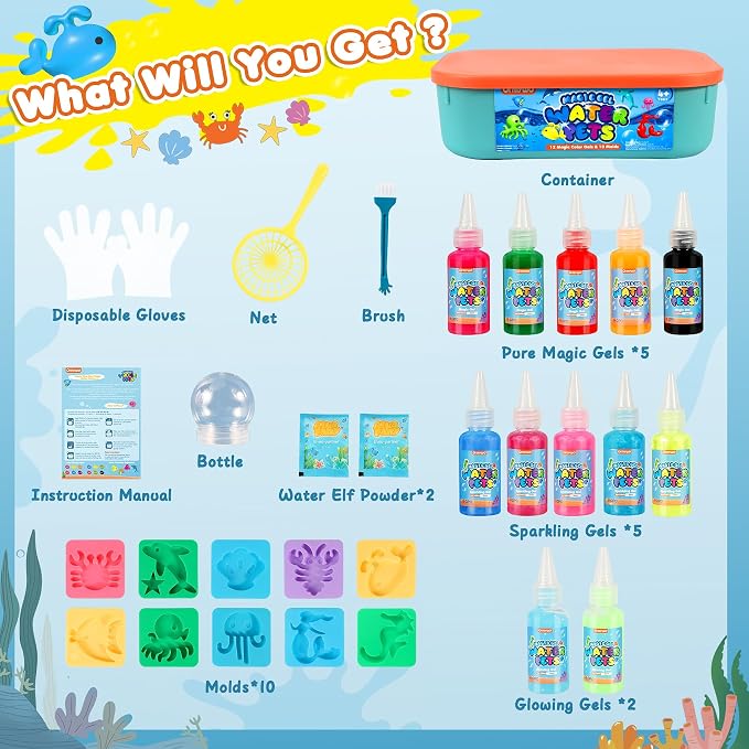URMYWO Magic Water Elf Toy, Aqua Fairy Water Gel Kit, Squishies Water Pets | 12 Gels & 10 Molds, DIY Squishy Maker Set, Create Your Own Squishies Sensory Toys Crafts, Summer Gifts for Boys Girls