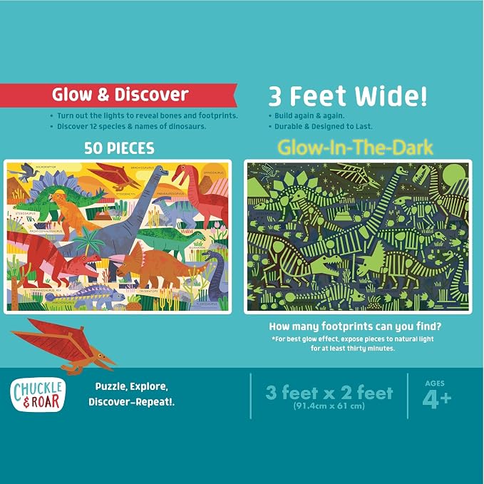 Chuckle & Roar - 50 Piece Dinosaur Floor Jigsaw Puzzle for Kids Ages 4-8 | Glow in the Dark, Dinosaur Large Pieces,3ft x 2ft giant format, Educational,Fine Motor Skills, Giftable