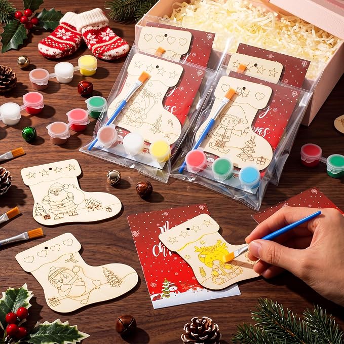 Saypacck 24 Pcs Christmas Stocking Party Favors Wooden Paint Craft Kits | Unicorn Mermaid Designs, Brushes Paints Organza Bags Included, Birthday Goodie Bag Fillers, Kids Girls Thank You Gifts