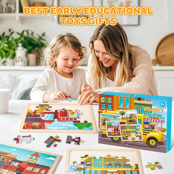 6-Pack Wooden Puzzles for Kids Ages 3-5, 60-Piece Construction Vehicle Set | Toddler Puzzles Ages 3-5, Preschool Puzzles with Wooden Jigsaw Boards for Fine Motor Skills, Shape Recognition and Travel