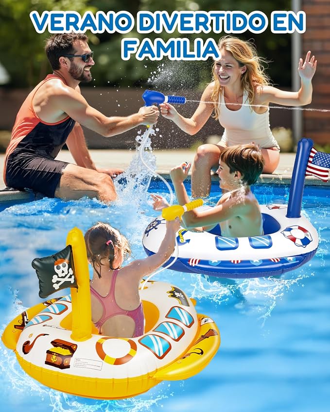 2PCS Inflatable Pool Floats Kids, Pirate Ship Pool Float with Water Gun, Pool Toys for Kids Ages 4-8, Pool Float Safety Seat Swimming Pool Games for Boys Girls