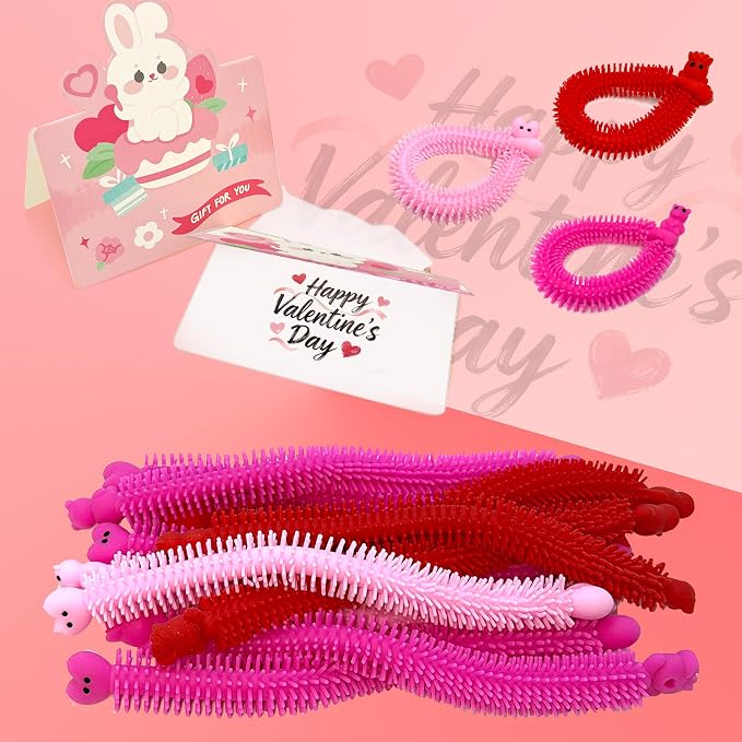 YZXODN Valentine's Day 48 PCS Stretchy Strings Fidget Toys, 24 Sensory Toys + 24 Cards for Kids - Stress Relief, Autism Toy – Perfect for Children’s Day, Classroom Exchange, Party Favors