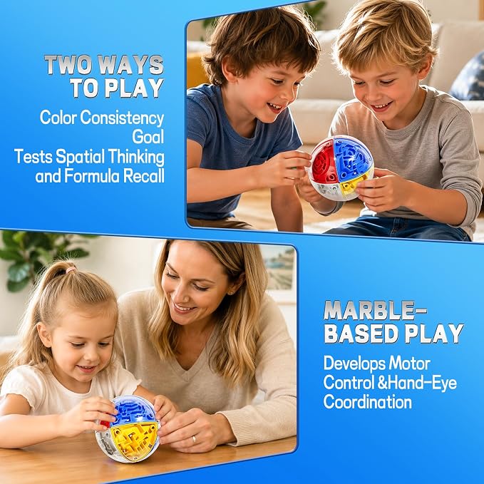 3D Maze Cube Ball Puzzle Brain Teaser for Adults & Kids, Educational Learning Toys Logical Thinking, Family Board Games Tabletop, Durable Puzzle Cube (White&Blue&Red&Yelllow-D, 3.3x3.3x3.3)