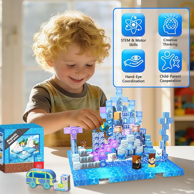4PCS 4" x 4" Magnetic Building Block Base Plates for Kids, Strong Grip Magnetic blocks Base Compatible with Most Popular Magnetic Blocks & Cubes, STEM Educational Toys for Boys Girls Ages 3+ (Water)