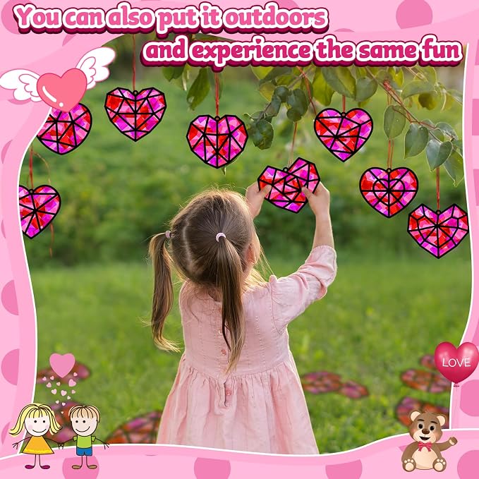32 Sets Heart Suncatchers Craft Kit for Valentine's Day DIY Window Stained Glass Paper Pink Love Home School Classroom Decor Valentines Art Craft Creative Activity Project Kid Christmas Gift Favor