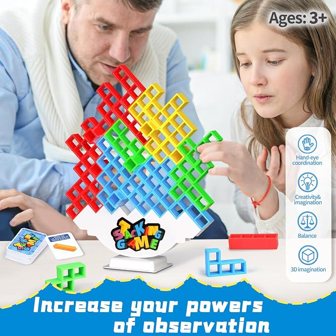 BBnote 64PCS Stack Game for Adult & Kids, Tetra Board Tower Games for Family Travel Party, 2 Players Balance Stacking Toy, Team Toys Building Block