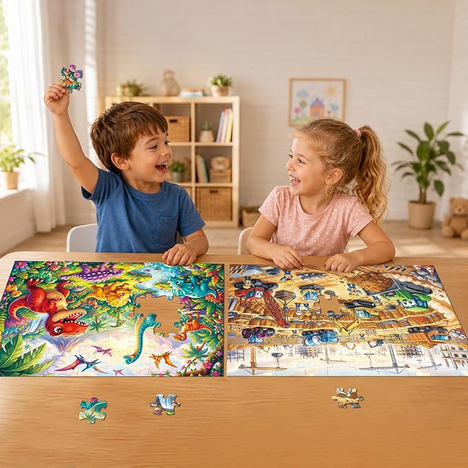 2-Pack Puzzles for Kids Ages 4-6, 60-Piece Puzzles for Kids Ages 6-8, Educational Puzzles for Boys and Girls (Dinosaurs & Construction) | 2-in-1 Dinosaur & Construction Set | Educational Puzzles for Ages 6-8, , Age-Appropriate Learning Toys, Ages 3+