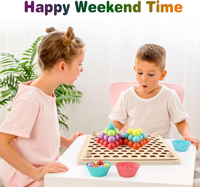 Wooden Peg Board Bead Game, Montessori Learning Toy, Color Sorting Stacking Matching, Fine Motor Math Counting, Multicolor Wood, 3-5 Years