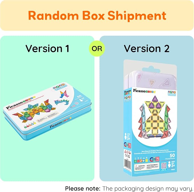 PicassoTiles Nano Magnetic Tiles Travel Set with Storage Tin, Kids Ages 3+ | 39 colorful triangles, 11 squares, lid doubles as a play board, STEM learning, portable screen-free fun, expandable builds
