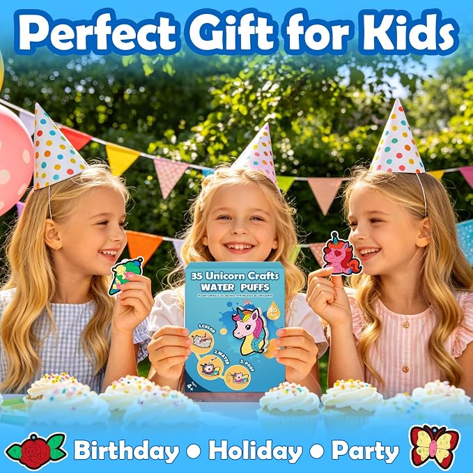 35 Unicorn Princess Puffy Craft Kit for Kids– 3D Water-Activated Paint by Number Art, DIY Keychains, Hands-On Creative Activity, Rainy Day Screen-Free Toy, Birthday Party Gift for Girls Ages 4–8