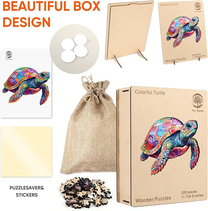 Mys Aurora Colorful Turtle Puzzles for Adults 200 Pieces Ocean Wood Puzzles | 5MM Thick Wooden Jigsaw Puzzles, Unique Shape Puzzle for Adults and Kids Birthday Gifts Family Game 11.4 * 11.4 inches