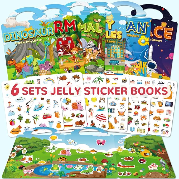 6 Sets Reusable Sticker Book for Toddlers 3-6, Jelly Sticker Books for Toddler, Travel Sticker Activity Toys for Kids 3 4 5 6 Years Old Girls & Boys