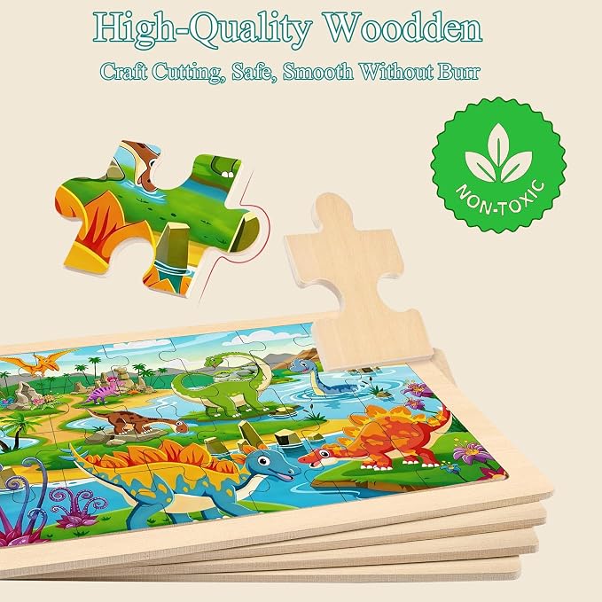 Wooden Puzzles Dinosaur Toys for Kids Ages 4-6, 4 Packs 24 Piece | Wooden Jigsaw Puzzles, Preschool Educational Learning Toys Gifts for 3 4 5 6 Year Old Boys and Girls