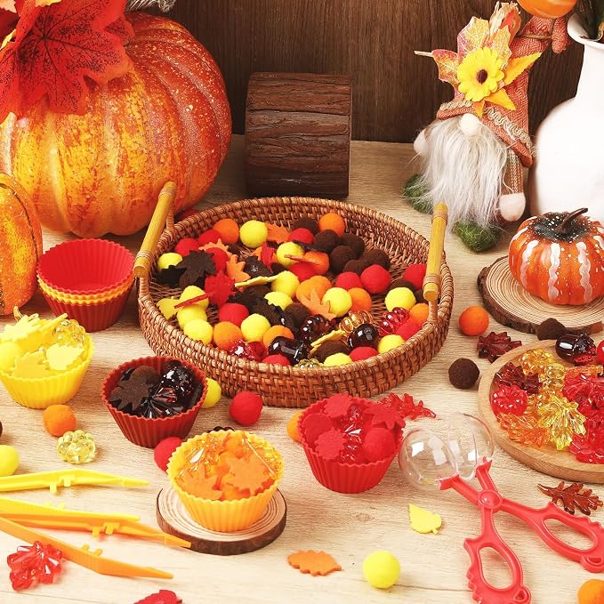 241 Pcs Fall Sensory Bin Fillers Fall Sensory Bin Items Fall Thanksgiving | Fine Motor Toys Counting Sorting Set,Felt Leaves,Acrylic Pumpkins,Pom Poms Sorting Cups,Tweezers for Preschool Education Acti
