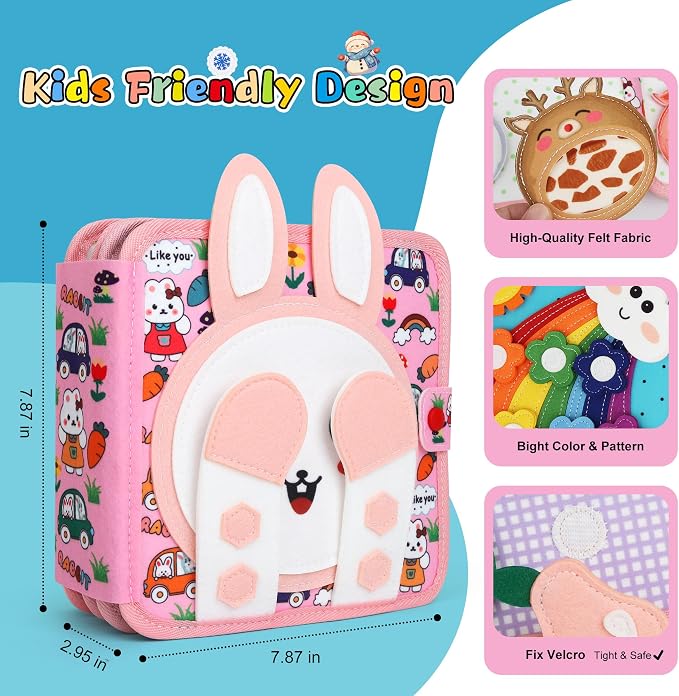 Bunny Montessori Busy Book for Toddlers 1-3 - Soft Felt Hand-Stitched Sensory Board Quiet Toy for 1 2 3 Year Old Toddler Boy Girl - Travel Essentials Educational Activity Toys Birthday Easter Gifts