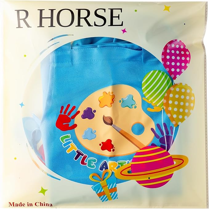 R HORSE 2 Pieces Kid Apron and Chef Hat Set, Dress up Pretend Play Toy | Blue Little Artist Adjustable Children Kitchen Apron with Pockets Set, Ideal for Painting, Cooking, Baking, Birthday Gift