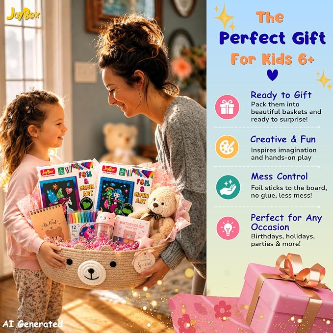 JoyBox Foil Fun–DIYKids Paper Foil Art Craft Kit for&Travel Screen-Free Fun | Birthday Party Gifts for Ages 4-9 and Up,Art Travel Toys for Boys Girls mermaid themes! includes glow‑in‑the‑dark sequins