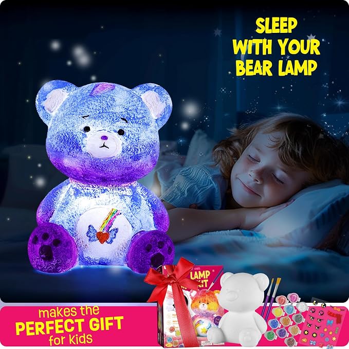 Paint Your Own Bear Lamp Kit, Crafts for Kids Ages 6-12, Gifts for Girl Boy | Bear painting kit with paints and 3D night light; fun craft activity, room decor and birthday gifts for kids ages 6-12
