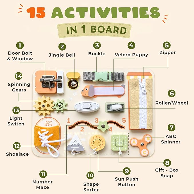 Montessori Busy Board for Toddlers, Wooden Sensory Toys, Preschool Learning Activities for Fine Motor Skills Travel Toy, Basic Life Skills Educational Gifts for 1 2 3 Years Old Kids Boys Girls (Green)