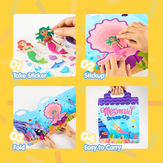 JOYIN Mermaid Dress-Up Reusable Sticker Book for Toddlers, 3D Sticker Book for Kids 3 4 5, Travel Essentials, Airplane Activity Toys, Crafts Gifts, Birthday Gifts