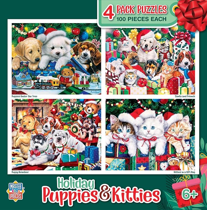 MasterPieces – Jigsaw Puzzle Set for Kids 6+ Years, 4-Pack of 100 Pieces, Educational and Fun Game, Holiday Puppies & Kitties Collection, Gift Idea for Children, 8" x 10"