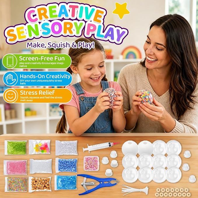RYOXZEL DIY Stress Ball Making Kit, 12pcs Squishy TPR Ball Skins with 1lb Fillers, Make Your Own Squishies Set, Air Pump & Expander Tool Ties, Fidget Sensory Craft Kit for Stress Relief