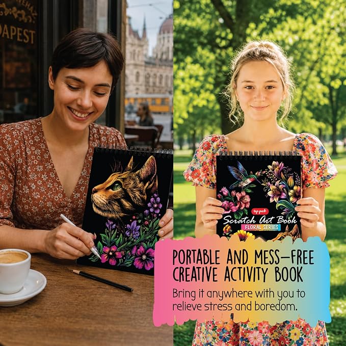 Scratch Art Book for Adults - Floral Series, 10 Rainbow Art and Crafts for Adults | Adult scratch art & foil art for adults kit | stress relief scratch painting, screen-free travel craft | scratch art adult
