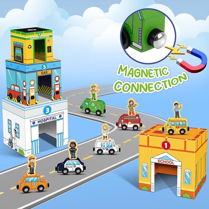 Magnetic Wooden Vehicles & STEM Sorting Blocks – Montessori Toys Age 3+ | Cars&Community Helpers;Sorting&Stacking Toys;Educational Learning Gifts for Kids;Preschool Kindergarten Classroom