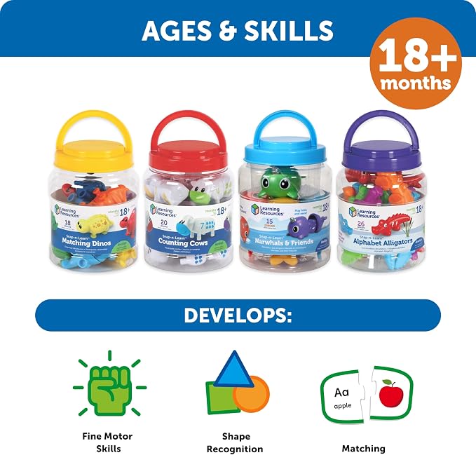 Learning Resources Snap-n-Learn Matching Dinos - Dinosaur Toys, Mini Plastic Figures, Sensory Bin, Toddler Travel Games, Shape Sorter, Preschool, Fine Motor Skills, Montessori Counting