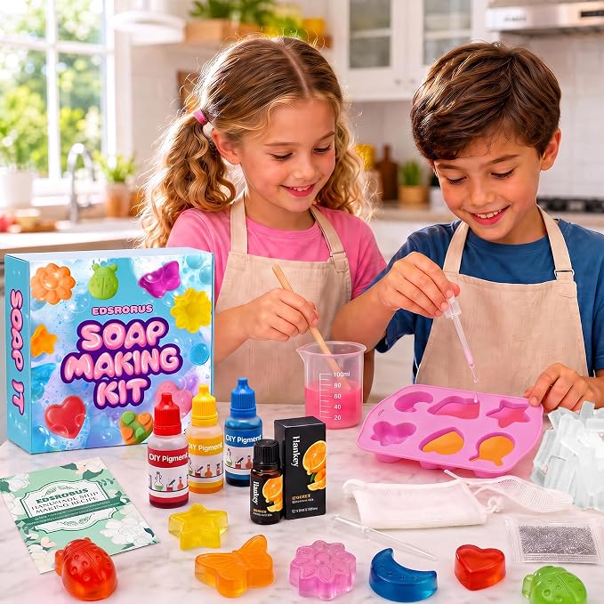 EDSRDRUS Beginner Soap Making Kit for Kids - Science STEM Activity with Glycerin Soap Base, 6-Hole Silicone Molds, Colorants, Essential Oil - Fun, Easy, Creative DIY Craft Kits
