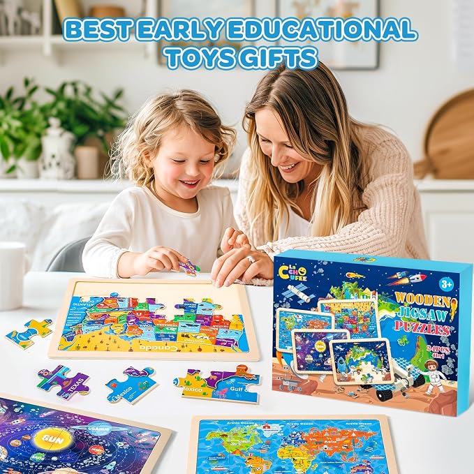 4-Pack Wooden Puzzles for Kids Ages 3-5, 24-Piece Geography Space Set | Toddler Puzzles Ages 3-5, Preschool Puzzles with Wooden Jigsaw Boards for Fine Motor Skills, Shape Recognition and Travel