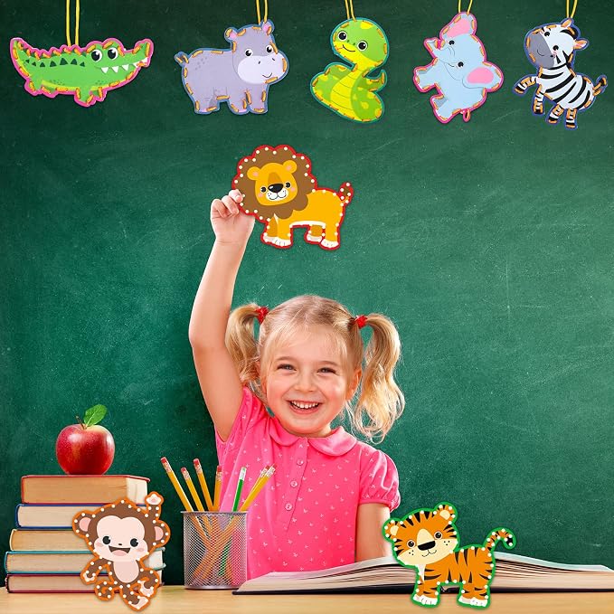 10 Pcs Kids Lacing Cards Double Sided Animal Sewing Cards Kits 10 Styles Lacing Toy Crafts for Toddler Ages 6+ Developing Imagination Preschool Learning Activity Supplies(Jungle Style)