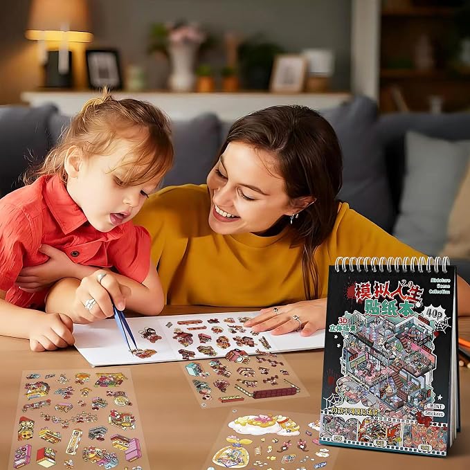 Scene Sticker – 20 Sets of DIY 3D House Scenes Cute Cartoon Stickers Kit for Kids & Adults – Fun Sticker Therapy Activity for Stress Relief, Crafts & Gifts (Black - 20 Set)