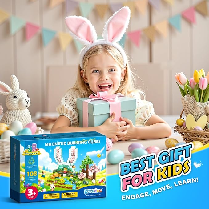 108PCS Magnetic Blocks Bunny Garden Magnet Building Toys for Kids Age 3+ | Magnet Building Cubes, STEM Sensory Learning Toys, Christmas Easter Gifts for Boys Girls, Outdoor Kids Toys