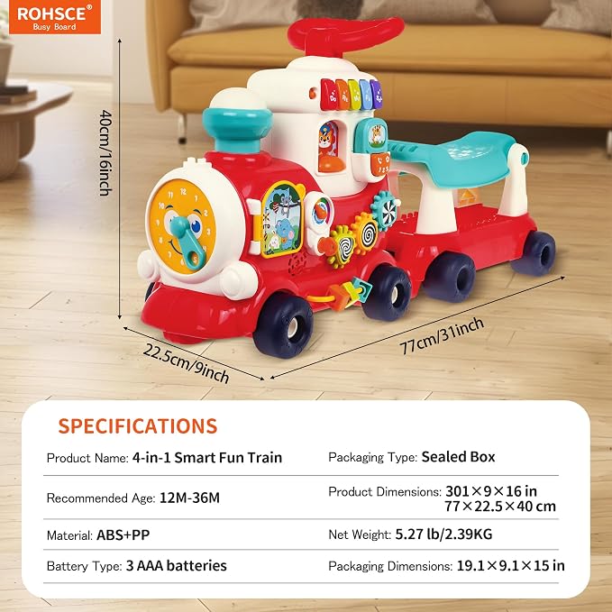 Ride On Train Toy for Toddlers 1-3, 4-in-1 Push and Pull Baby Walker Car | Push, Pull, Sit-to-Stand Walker, Walking Car Toy for Baby 1 Year Old, Indoor Outdoor Toddler Activity Toy