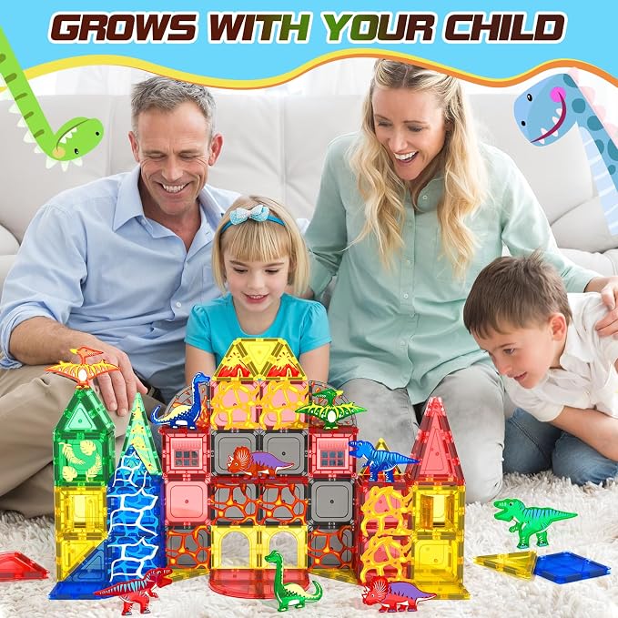 102PCS Dinosaur Toys Magnetic Tiles with 8 Dinosaurs - Jurassic Scenes Toys | Dinosaur World Adventure Set, Magnetic Blocks Kids Toys for Boys & Girls Ages 3+, Sensory Toddler Creative Kids Games Gifts