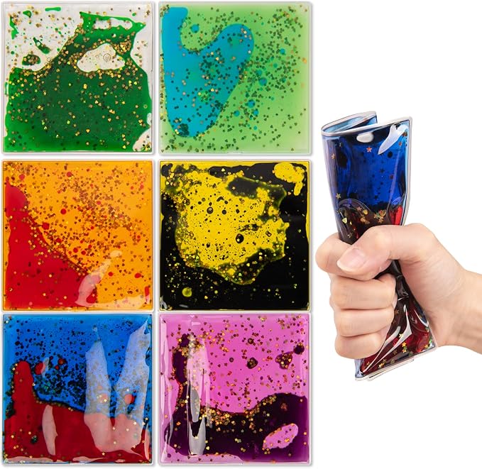 Art3d Square Sensory Fidget Multicolor Liquid Motion Tiles, 6" x 6", 6-Pack | Lightweight, Boost Focus, Relieve Anxiety, Eco-Friendly, Varied Colors & Shapes, Suitable for Kids, Toddlers & Teens