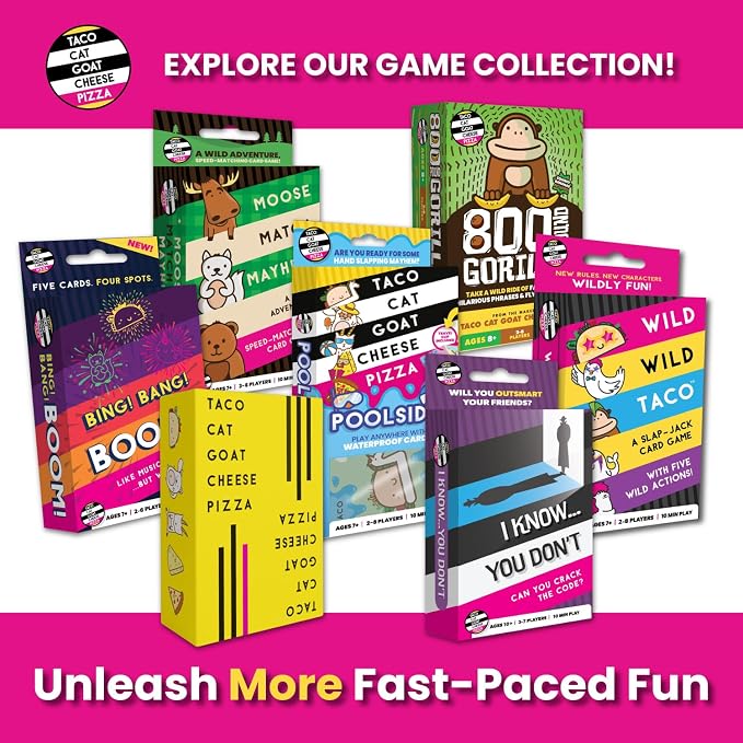 Taco Cat Goat Cheese Pizza Card Game by Taco Cat Games, Age 7+, 2-8 Players | 10 min rounds, Slap pile when word matches card, Action cards add twists, Builds reflexes, Fun for all ages