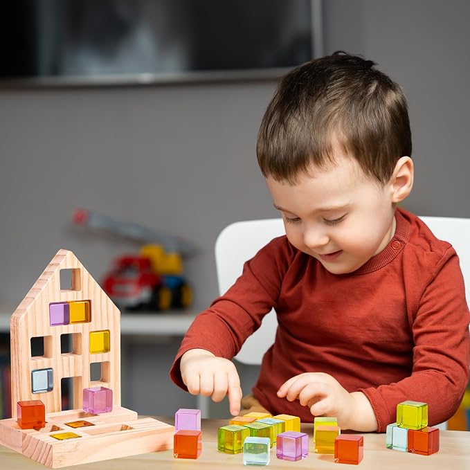 Woodtoe 24 PCS Rainbow Blocks Set, Wooden Building Blocks for Kids Ages 3-6 | Montessori Stacking Toy, Educational STEM Sensory Activity, Creative Building Game, 2 Wood House, Birthday Toy for Boys Girls